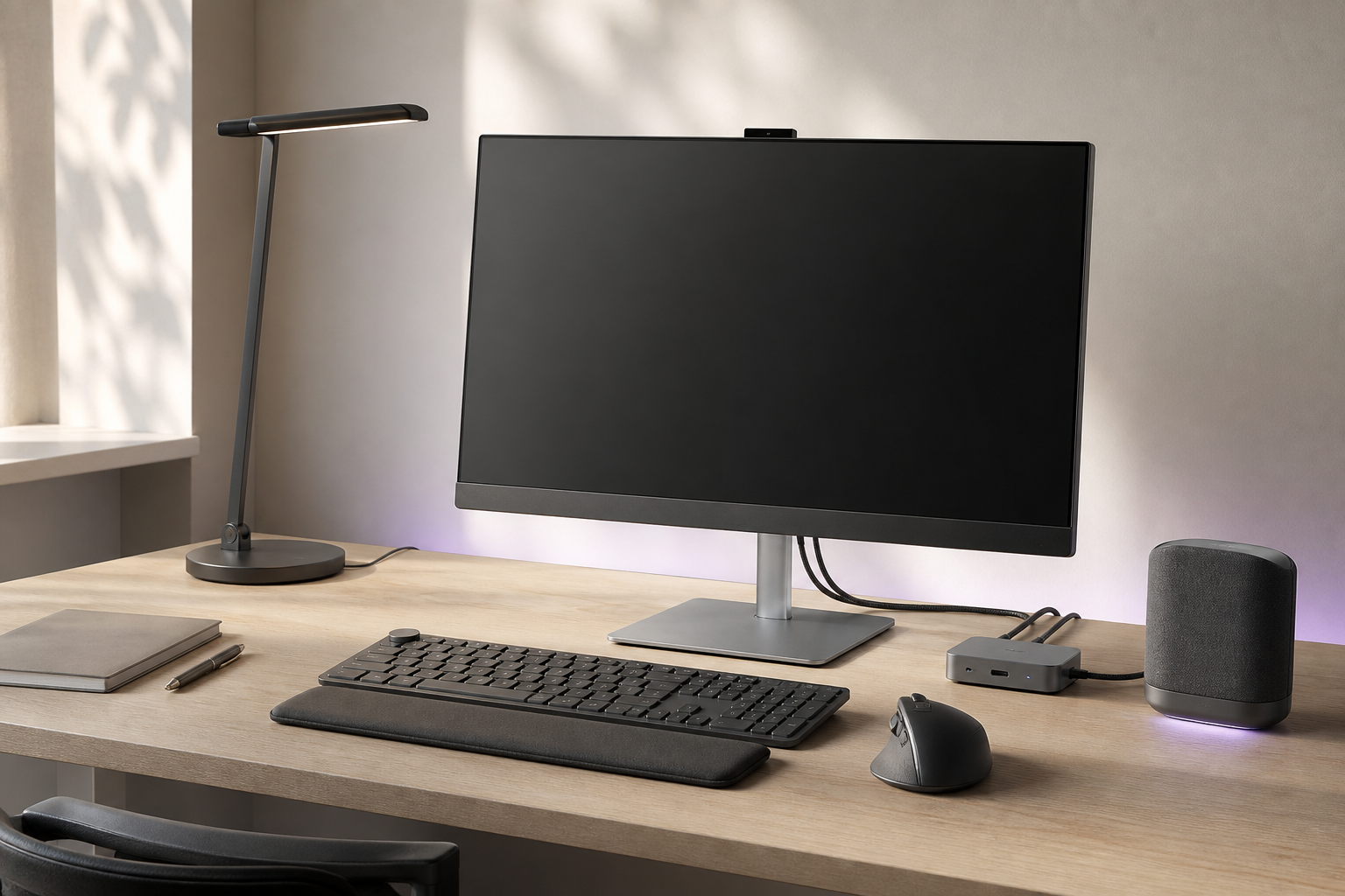 ARC.ONE desk setup with monitor, keyboard and lamp